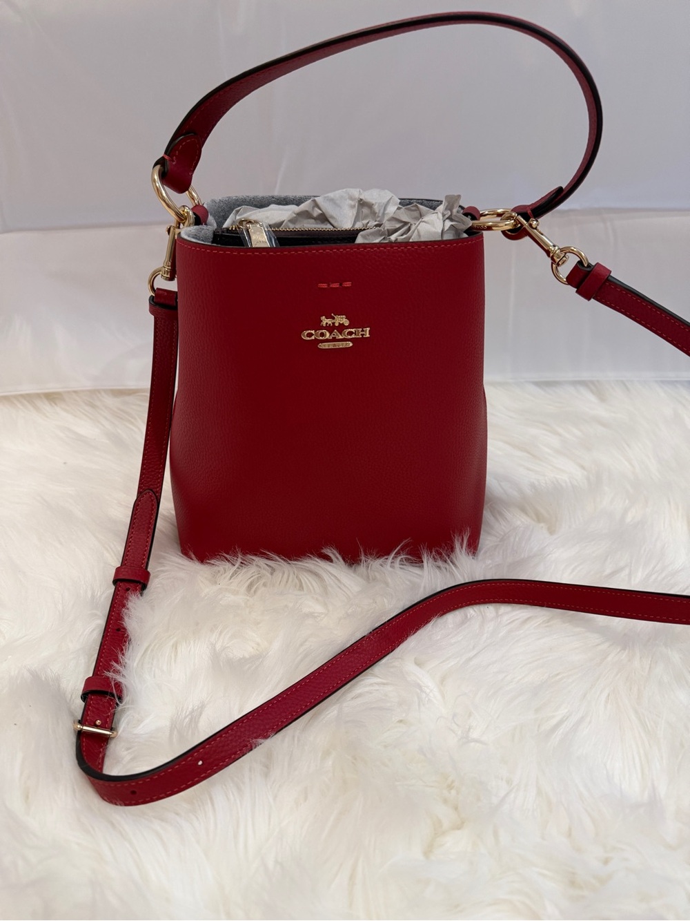 Coach Red Pebbled Leather Mini Bucket Crossbody